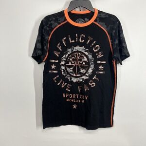 Affliction Sport T Shirt Mens M Goth Grunge Black Camo Henley USA Made Live Fast